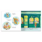 Seite mit vielen bunten Illustrationen zeigt einen Hasen in verschiedenen Situationen, u.a. mit einem Picknickkorb.