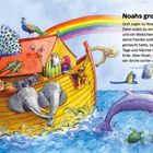 "Noahs großes Schiff" zeigt eine bunte Arche, voll mit Tieren und Regenbogen. Noah steht an Bord mit seiner Familie.