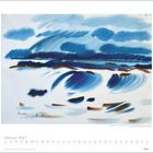 Februar 2027 Kalenderblatt mit einem abstrakten Gemälde in Blau- und Brauntönen, das dynamische Wellen darstellt.