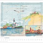 FEBRUAR 2027 | Nordlichter. Kalenderblatt mit einer Illustration einer Küstenlandschaft, Leuchtturm und Boote.