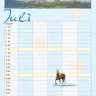 "Juli", Wochentage und Datumsangaben sind in einem Kalender angeordnet. Ein Pferd läuft durch Wasser.