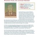 „Wladimir Putin, der russische Präsident. Name? Wladimir Putin. Wer? Der Spion, der es schaffte, russischer Präsident zu werden. Woher? Russland. Wann geboren? 1952.“ Eine Illustration zeigt einen Mann im Anzug.