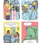 Oben: „Pass auf deine Tasche auf!“ Unten: Gespräch über Rassismus, Personen in einem Raum, Frau denkt nach. Comic-Stil.