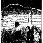 Oben: "Elektrozaun...Flucht zu hindern." Figuren vor Stacheldraht unter Nachthimmel, zwei sprechen, eine erschrocken.