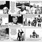 Comic-Panel, in Schwarz-Weiß, zeigt Figuren in Schutzanzügen im Schnee, mit Textdialogen über Zweifel, Abschied und Soldaten.