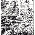 Comic-Szenen: Mensch denkt, Landschaft ausgetrocknet. „FORREST TOWN“ Schild. Große, zerstörte Landschaft.