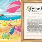 SOMMER: Ein Festival der Aromen. Text über kulinarische Möglichkeiten im Sommer. Links Strand mit Figuren und Tieren.
