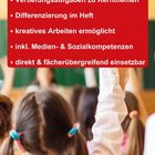 Texte auf rotem Hintergrund beschreiben Lernmaterialien; darunter sind Schüler mit erhobenen Händen in einem Klassenzimmer.