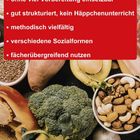 Text in Weiß auf rotem Hintergrund: Aufgezählte Lernvorteile. Darunter frisches Gemüse, Obst und Nüsse.