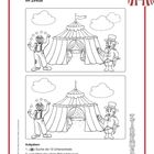 Text: "Im Zirkus. Aufgaben: Suche die 10 Unterschiede. Male das obere Bild schön bunt."
Illustration: Zwei Zirkusszenen mit Clown, Zelt, Direktor.