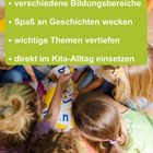 Texte vor grünem Hintergrund, Kinder spielen zusammen am Boden mit Buchstabenkarten.