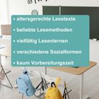 „Überblick BYK-Lesezeit: altersgerechte Lesetexte, beliebte Lesemethoden, vielfältig Lesenlernen, verschiedene Sozialformen, kaum Vorbereitungszeit“. Klassenzimmer mit bunten Rucksäcken auf Stühlen.