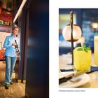 Text: Zitronenlimonade & Amalfi Spritz. Eine Person mit Wein in einem Flur. Zwei gelbe Cocktails mit Gläsern und Minze.