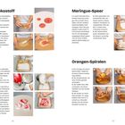 Texte: "Knittiger Schokostoff", "Himbeer-Marshmallow", "Meringue-Speer", "Orangen-Spiralen". Anleitung mit Bildern in vier Spalten.