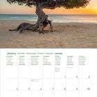 Januar, Montag bis Sonntag in mehreren Sprachen. Kalender mit einem Baum am Strand bei Sonnenuntergang.