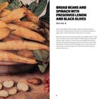 "Broad beans and spinach with preserved lemon and black olives. Ingredients: olive oil, onion, garlic, cumin, spinach." Links Illustration von Bohnen.