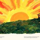 Texte: "Vor vielen Milliarden Jahren... Atome." und "Ein Atom ist ein... sehen kannst." Illustration: Große, leuchtende Sonne über grünem Hügel.