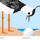 Texte: "An egg all by itself—dear me! Why is it here? Whose can it be?" / "The lapwing knows he will not rest until this egg has found its nest." Illustration: Vogel inspiziert Ei im Sand.