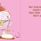 Text: "Der Cupcake steht und macht noch nix. Hier folgt ein Satz mit Wort und Witz." Illustration: Lustiger Cupcake.