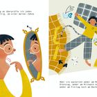 Links: "Von diesem Tag an überprüfte ich jeden Morgen sorgfältig, ob einer meiner Zähne wackelte." Junge sieht in Spiegel.

Rechts: "Aber sie wackelten weder am Montag noch am...". Junge liegt im Bett, Bücher und Kekse um ihn.