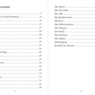 Inhaltsverzeichnis mit Titeln und Seitenzahlen zu Fabelwesen und Tieren, wie Drache, Hund, Löwe, bis zur Danksagung.