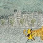 Text: "Wir ziehen Regenduschen vor." Ein Mädchen im gelben Regenmantel läuft mit einem großen Hund vor Stadtgebäuden im Regen.