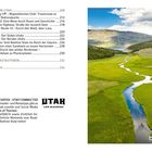 Texte: Informationen zu Reiserouten in Utah, Webseite und Social Media des Utah Office of Tourism, "Im Fishlake National Forest". Eine malerische Landschaft mit einem mäandernden Fluss durch grüne Wiesen, im Hintergrund Berge.