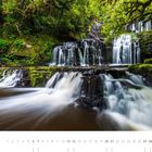02, Kalender mit Datum. Bild zeigt einen Wasserfall, umgeben von üppigem, grünem Wald.