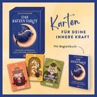 Texte: "DAS KATZEN-TAROT", "Karten für deine innere Kraft", "Mit Begleitbuch". Illustration von Tarotkarten mit Katzen.