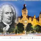 Text: "Bach-Stadt Leipzig, Deutschland" und "Bach City Leipzig, Germany". Illustration von Bach; beleuchtetes Gebäude bei Nacht.