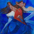 Ich sehe keinen Text. Eine Illustration mit Figuren in lebendigen Farben vor einer blauen, aquatischen Landschaft.