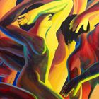 Bunte Illustration mit tanzenden, abstrakten, nackten Körpern in leuchtenden Farben auf dunklem Hintergrund.