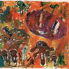 Abstrakte Illustration mit fröhlichen, farbenfrohen Gesichtern und Kreaturen auf einem bunten, strukturierten Hintergrund.