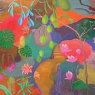 Illustration mit leuchtenden, bunten exotischen Pflanzen, großen grünen Blättern und bunten Blumen in fantasievollem Stil.