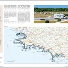 Zwischenstopps für Wohnmobile, Route 4 in Südbretagne, Karte mit Routenführung und Campingplätzen. Landschaft mit Steinformationen und Wohnmobil.