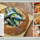 Links Text: "Finnland kulinarisch." Oben Brotlaib mit Fischen, rechts drei kleinere Fotos von Eintopf, Gebäck und Dessert.