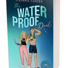 "The Waterproof Deal" von Stefanie Santer. Illustration: Frau mit Laptop, Mann in Badehose, blau-türkiser Hintergrund, Logo "Moon Notes".