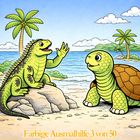 „Farbige Ausmalhilfe 3 von 50“. Eine Illustration zeigt einen Leguan und eine Schildkröte am Strand mit Palmen und Meer.