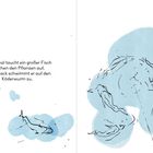Zwei Illustrationen: Kind angelt ruhig, während ein großer Fisch im Wasser auf den Köder zuschwimmt. Texte beschreiben die Szene.
