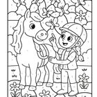 Illustration mit Zahlen zum Ausmalen: Ein Kind mit Helm streichelt ein Pony. Schmetterlinge und Blumen im Hintergrund.