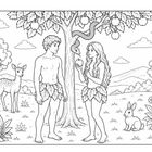 Eine Illustration von zwei Menschen in einem Garten mit einem Apfelbaum, Schlange, Reh und Hase.