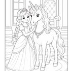 Illustration einer Prinzessin mit Zopf, die ein Einhorn streichelt; im Hintergrund ein Thron.