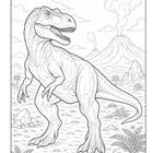 Illustration eines Dinosauriers in einer prähistorischen Landschaft, mit einem rauchenden Vulkan im Hintergrund.