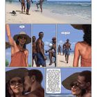 „João!“, „Oi meu amor.“ Unten eine Frau mit Sonnenbrille, ein Mann umarmt sie. Szene am Strand mit blauen Himmel und Meer.