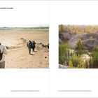 Betriebsgelände in Landschaft verwandeln. Links: Menschen steigen einen sandigen Hang hinab. Rechts: Grüne Landschaft mit Hügeln.