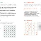 Gut versteckt, Pfadfinder, Silbenwabe, Arukone. Text-Rätsel und Gitter mit Buchstaben, farbige Markierungen, gezeichnete Figur.