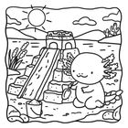 Eine Illustration zeigt ein lächelndes Amphibien-Wesen, das mit einer Schaufel eine Sandburg baut.