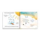 Zwei Seiten eines Kinderbuchs mit Bildern: Sonne, Schmelzwassertropfen und lächelnde Schneeflocken mit Text über Verdunstung.