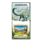 UNGLAUBLICHE RIESEN: Darstellung von Dinosauriern, darunter ein Brachiosaurus-Informationskasten, pastellfarbene Illustration.