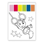 Sechs Farbfelder. Ein fröhlicher Cartoon-Hamster an Ringen, umgeben von drei Sternen.